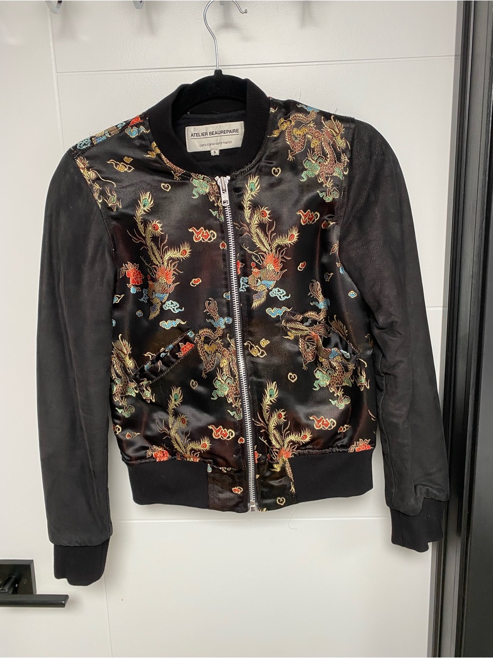 Atelier Beaurepaire Black Embroidered Satin Bomber Jacket
